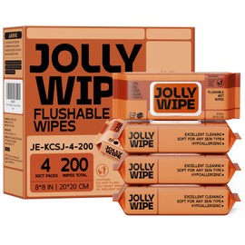 JOLLY WIPE XL Flushable Wipes for Adults, Women and Men, Butt Wipes Flushable, Unscented, Smooth and pH-Balanced, Suitable for Sensitive Skin, 99% Water+Aloe+Vitamin E, 200 Count (4 Packs of 50)