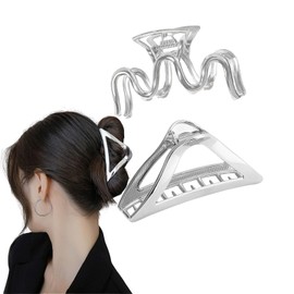 shefun JP246 Large Metal Hair Clip, Hair Claw, Tightly Curled, Hair Clip, Strong Metal, Silver, Set of 2, Large, Women's, Clip, Hair Ornaments