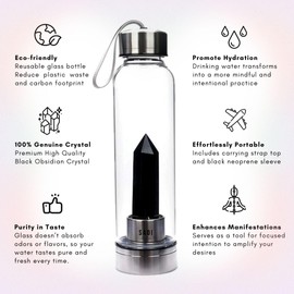 SAOI Crystal Water Bottle - Black Obsidian Gemstone Infused Elixir - Natural Wellness Healing - Glass/Stainless Steel