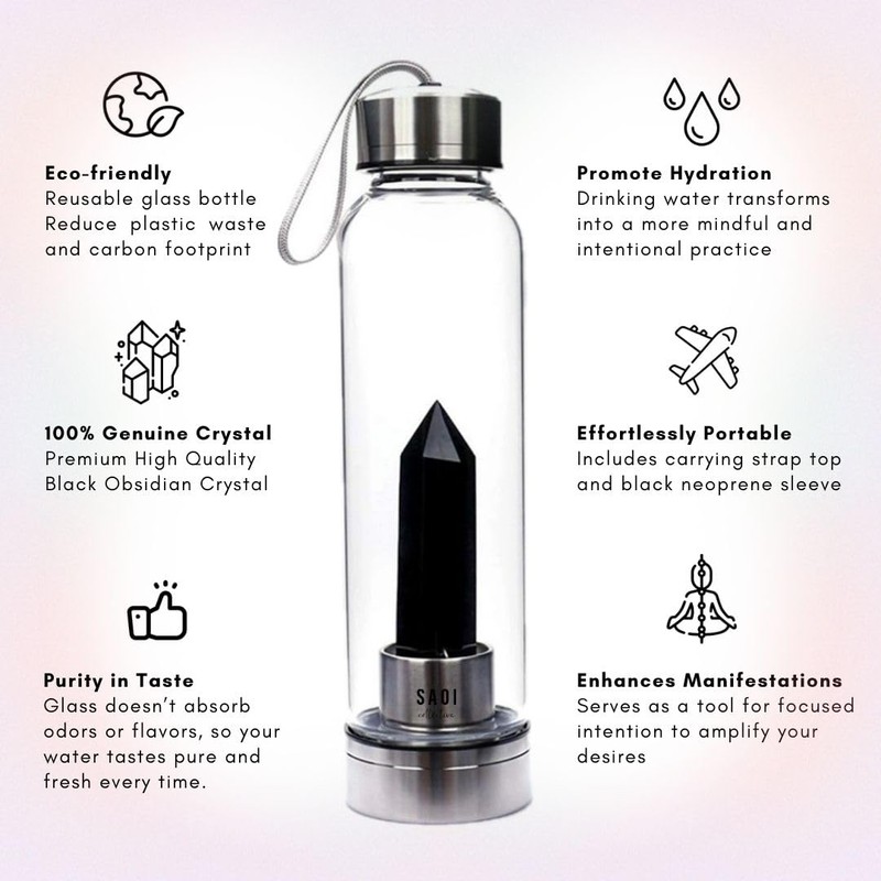 SAOI Crystal Water Bottle - Black Obsidian Gemstone Infused Elixir