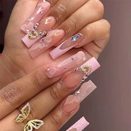QQPPOLIU Long Square Press on Nails Pink Nails French Tip Press on Nails Heart Design Nails Press on Full Cover Nails Flower and Rhinestones False Nails for Girls 24pcs