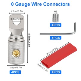 Linkstyle 4PCS 0 Gauge Screw Ring Wire Terminal Connectors, 1/0 AWG Car Battery Cable Audio Amplifier Wire Butt Connectors, with Wrenches Screws Heat Shrink Tubing