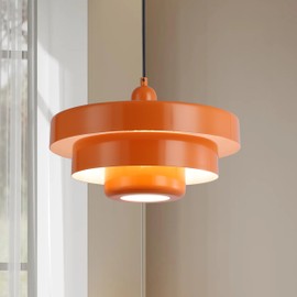 SUNLLOK Industrial 13.8 inch Pendant Light Fixture Chandelier, 1-Light Orange Ceiling Lamp with 3-Layer Metal Shade, Vintage Hanging Lamp for Kitchen Island, Restaurant, Dining Room, Height Adjustable