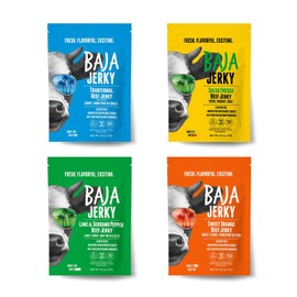 Baja Beef Jerky Sampler Pack | Gluten Free Craft Jerky, 25g Protein, Low Calorie, 100% All-Natural Beef, No Nitrates | 4 pack 2.5 Oz Bags