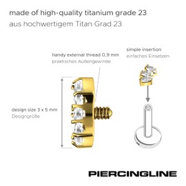 PIERCINGLINE Titanium Screw Attachment with External Thread 0.9 mm | Three Crystal Drops | Piercing Attachment Replacement Choice of Colours, Titanium