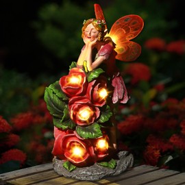 NATASE Solar Garden Outdoor Statues Cute Flower Fairy with 7 LED Solar Figurine for Lawn,Patio, Balcony, Yard Unique Housewarming Gift, for Woman, Mom, Grandma