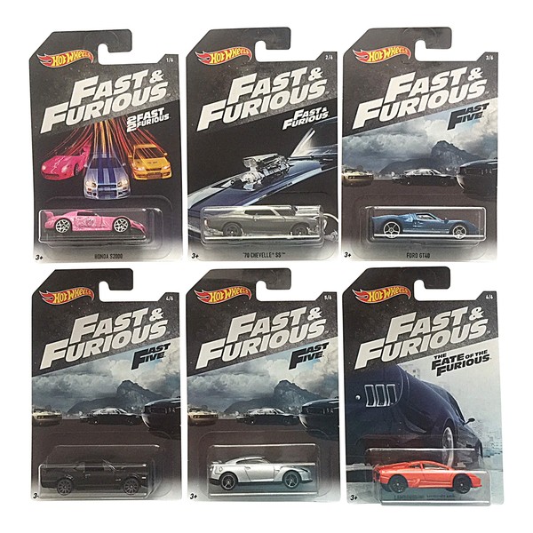 Hot Wheels Fast & Furious Bundle of 6 Cars from Fast & Furious, 2 Fast 2 Furious, Fast 5, The Fate of The Furious Movies