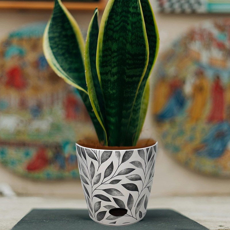 7 Inch Self-Watering Bamboo Planter (Gray Leaves)