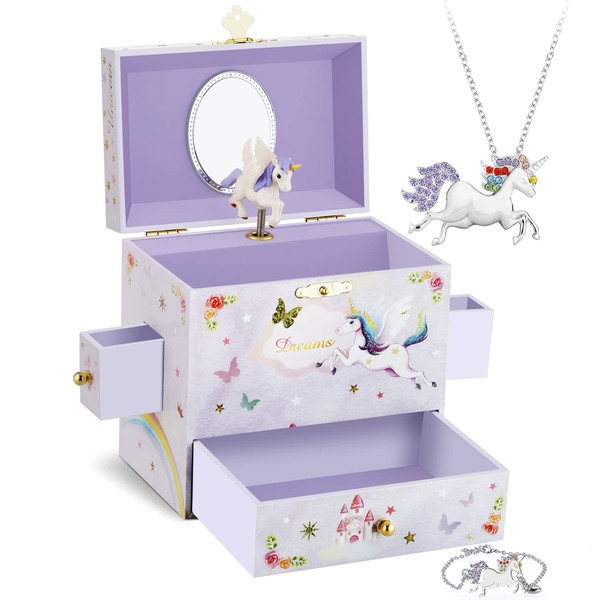 Musical Jewelry Box for Little Girls with 3 Drawers and Jewelry Set with Spinning Unicorn and Rainbow Butterfly Design - Beautiful Dream Tune Purple