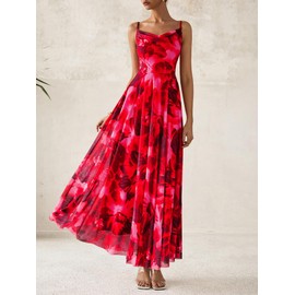 BTFBM Women Summer Floral Maxi Dresses Elegant Spaghetti Strap Dress Printed Party Dress Beach Long Dresses(Floral Red,XX-Large)