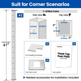 Muzata Brushed Corner Cable Railing Post T-drilled 42"x2"x2" Surface Mount One-Post Corner Solution T304 Stainless Steel Cable Railing System Kit Indoor Outdoor with Paper User Guide PS02 L34L