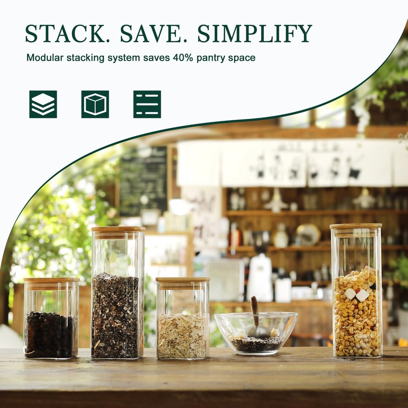 LIBWYS 12-Pack Square Glass Storage Jars with Bamboo Lids (0.6Qt/1.06Qt)
