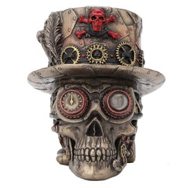 Veronese Design 4.5 Inch Steampunk Cross Bones Top Hat Motor Skull Antique Bronze Finish Sculpture Table Top Figurine