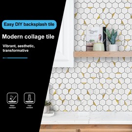 V-MOZZA Hexagon Peel and Stick Backsplash, 10-Sheet Peel and Stick Tiles PVC Wall Tile Stick on Backsplash for Kitchen Bathroom Fireplace