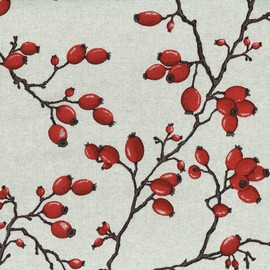 Rose Hips fabric - rich ruby red fruit on charcoal brown stems printed on a natural linen-coloured base cloth - French Designer Fabric 155 cm (61 inches) wide | Sold by the half metre (½ metre) increment