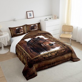 Western Horse Comforter Set King Size,Brown Cowhide Print Bedding Set Rustic Farmhouse Quilted Duvet Sets 3Pcs for Teens Woman Men Adult Room Decor,Southwest Wild Animals Duvet Insert,2 Pillowcases