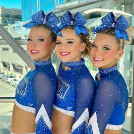 OAOLEER 6PCS Glitter Cheer Hair Bows for Cheerleading, Shiny Rhinestones Large Jumbo Cheer Bow with Ponytail Holder for Teen Girls Cheerleader (Blue)