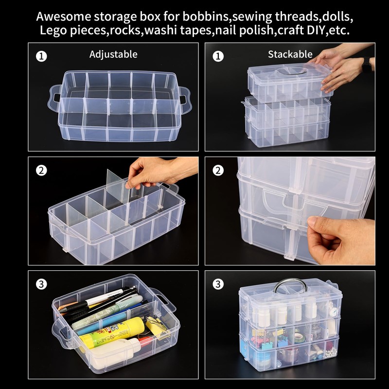 Lesbin 3-Tier Craft Storage Box, 30 Compartments Clear Plastic Craft