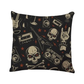 YGGQF Skulls Throw Pillow Cover Rock Roll Punk Guitar Black Bone Party Radio Star Vintage Home Decor Pillowcase Cushion Cover 18x18 Inches