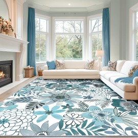 RELEANY Boho Floral Area Rug 8x10, Non Slip Washable Living Room Carpet, Printed Low-Pile Water-Resistant Rug for Bedroom, Kitchen, and Entryway, 8x10, bluewhite