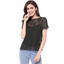 Allegra K Women's Lace Floral Scalloped Trim Short Sleeve Semi Sheer Top Blouse Large Black