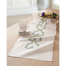 DECO-LINE Blue Flower Heart 40X100CM Printed Table Runner Embroidery KIT, White