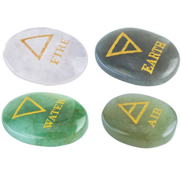 Crocon 4 Elements Assorted Stones Engraved Triangle Symbols (Earth Air Fire Water) Polished Palm Stones for Gemstone Reiki Crystals Healing