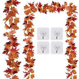 Generic 2 Pack Fall Garland Maple Leaf Clearance, 5.9Ft/piece Hanging Vine Garland Artificial Autumn Foliage Garland Thanksgiving Decor for Home Wedding Fireplace Party, Orange, AJJ00008