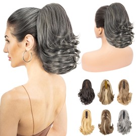 LuxeHair 11” Classic Loose Curly Claw Clip In Ponytail Extension, Short Curly Wavy Claw Clip On Ponytails Hair Extensions Hairpieces for Women- Gray