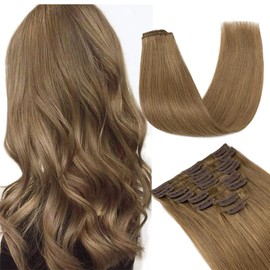 S-noilite 8Pcs Clip in Hair Extensions Light Brown Real Full Head Long Human Hair Clip in Hair Extensions Invisible Silky Straight 8Pcs 18 Clips in Hair Piece (16 Inch,#06)
