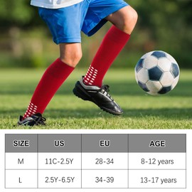 Regilt 3 Pairs Kids Youth Grip Soccer Socks, Non Slip Knee High Soccer Football Sport Socks for Boys Girls Age 8-17 (US, Alpha, Large, Regular, Regular, Red)