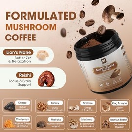 B BEWORTHS 250 g de café con hongos - Café instantáneo en polvo con hongos melena de león, reishi, chaga, cordyceps y cola de pavo - Café alternativo