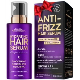 NUTRAHARMONY Hydrating Hair Serum – Keratin Hair Treatment for Dry, Frizzy, Damaged Hair – Biotin, Castor & Rosemary Oils – Anti‑Frizz, Heat Protectant & Split Ends Repair for Smooth, Shiny Hair, 5oz