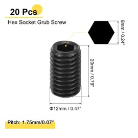 sourcing map 20Pcs Hex Socket Grub Screw, M12x20mm 304 Stainless Steel Head Socket Set Screws Flat Point Grub Bolt for Door Handles, Light Fixture Repair, Black