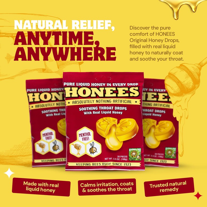 Honees Honey Filled Drops, Honey Cough Drops with Real Honey-Natural