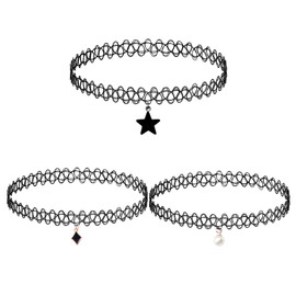 Pack of 3 Tattoo Chains 90s, Lightweight Tattoo Chain Stretch, Choker Chain Women's Fashionable Vintage, Hollow Weave Tattoo Necklace, Chain for Girls Women Girls Children (Rhombic Star Beads, Black),