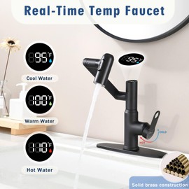 CHOMELY Single Hole Rotatable Bathroom Faucet with Temperature Display in Fahrenheit (Batteries-Free) 3 Water Modes 360 Degree Rotating Sink Faucet, Matt Black