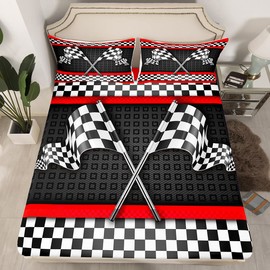 Race Car Themed Bed Sheet Set King Size,Black White Checkered Flag Print Deep Pocket Fitted Sheet,1 Flat,2 Pillowcases,Red Stripes Geometric Grid Plaid Bed Mattress Cover, Bedroom Decor