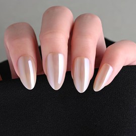 Stbisen Chrome Press on Nails Short Almond, Nude Beige Spring Press on Nails Almond, Fashion Gel Fake Nails, Reusable Glossy Stick on Nails for Women, Glue on Nails Kit,15 Sizes - 30Pcs