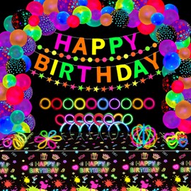 173 Pack Glow Neon Party Supplies Glow Sticks Party Decorations Black Light Reactive Decor Set - Fluorescent Banner, Neon Garlands, Glow in The Dark Balloons, Graffiti Tablecloth, Light Up Sticks