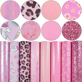 8 Pieces 8x12 Inch Faux Leather Sheets Pink Daisy Fine Chunky Glitter Metallic Litchi Patent Embossing Leopard Print Flamingo Fabric for Bows Earrings Making