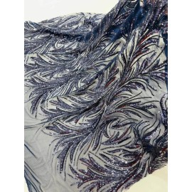 Mia Fabrics Inc. Leaf Stretch Sequins Fabric - Navy Blue 4 Way Stretch Lace Mesh Fabric By Yard