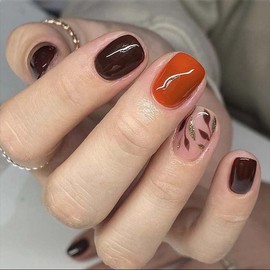 Brown Press on Nails Short Square Orange Fake Nails Fall False Nail Press ons with Gold Foil & Leaf Design,Reusable Nail Full Cover Glossy Glue on Nail Stick on Nails for Women Manicure 24 Pcs