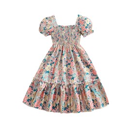 SHENHE Girl's Summer Floral Dress Puff Sleeve Square Neck Smocked Ruffle Hem Flowy Sundress Pink 11Y