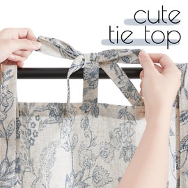 jinchan Linen Kitchen Curtains Floral Tier Curtains 36 Inch Farmhouse Cafe Curtains Tie Top Botanic Small Window Curtains Over Sink for Country Rustic Laundry Room Bathroom RV 2 Panels Blue on Beige