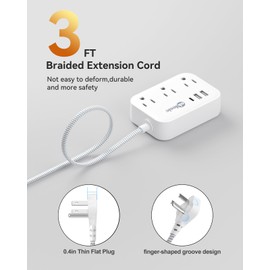 Flat Plug Power Strip with USB Ports, Flat Extension Cord 3FT with 3 AC Outlets 3 USB Ports, Short Extension Cord Outlet Splitter with No Surge Protector for Cruise Ship, Dorm Room Travel Essentials