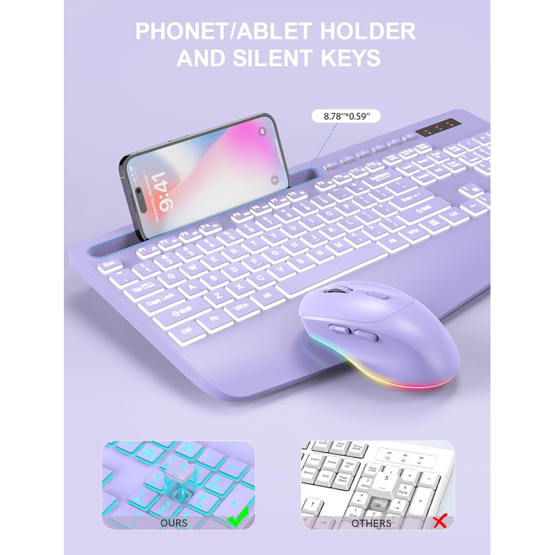 Wireless Keyboard and Mouse Combo with 7 Colored Backlits, Wrist