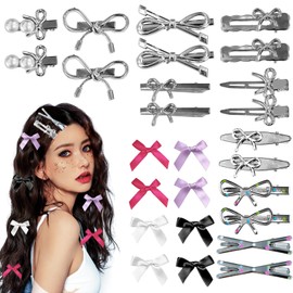 26pcs Silver Hair Clips for Women,Y2K Bows Hair Clips,Metal Bows Barrettes 10 Shapes Bows Hair Snap Clips for Girls Hair Styling Mini Satin Bows Hairclips Cool Hair Barrettes Hairclip Set