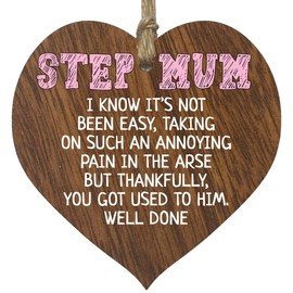 Step Mum Gifts from Daughter Son - Well Done - Best Step Mum Gifts, Presents for Step Mum, Hanging Wooden Heart Sign Plaque, Birthday Gifts for Mum Gift, Mothers Day - Dark Wood Hearts Sign