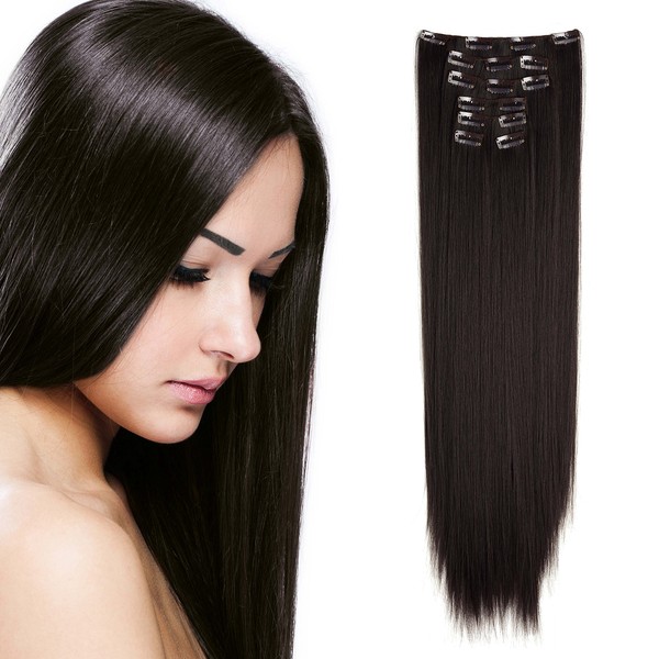 Onedor 24" Straight Synthetic Clip in Hair Extensions. 7 individual pieces for multiple styles.140g (6#-medium Chestnut Brown)